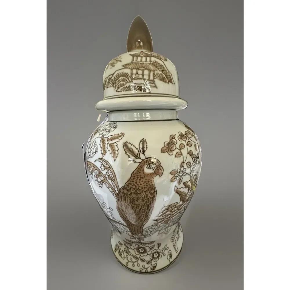 Galt International Brown Floral Parrot Ceramic Ginger Jar 14” Tall Vase Lid NWT